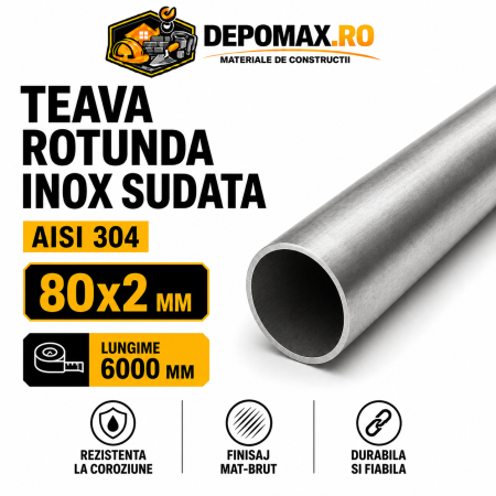 Teava rotunda inox sudata AISI 304, 80 x 2 mm, 6 metri